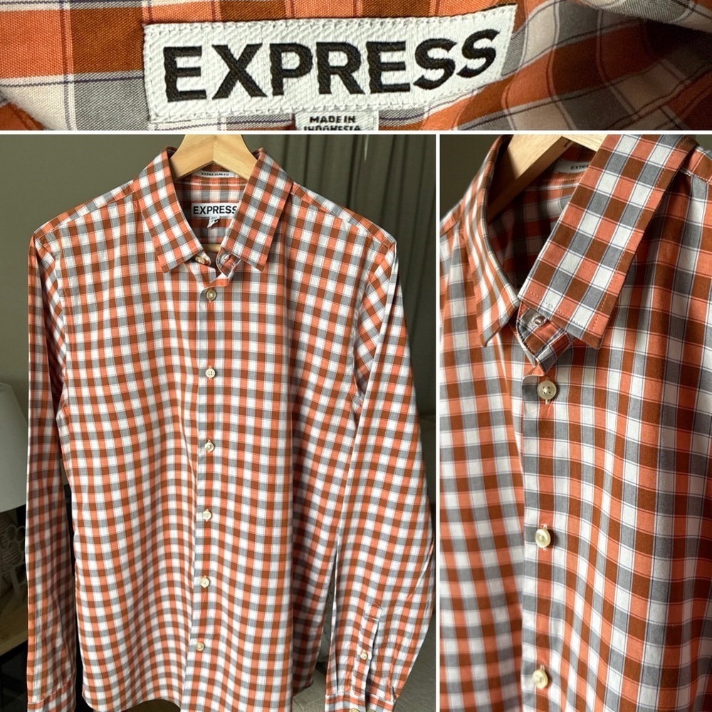 Express Men’s L/S Slim Fit Button Up Orange/white/grey Shirt Size M 15/15.5